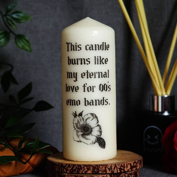 Decorative Emo Bands Forever© Pillar Candle (VG) for wholesale by RinkyDink Candles