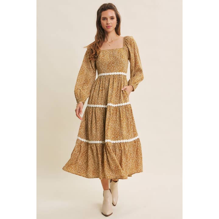 in february - Wholesale Dress - Women's - FLORAL TIERED MIDI SMOCKED DRESS WITH ROUND TRIM