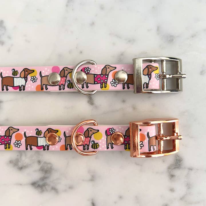Puppies & Pom Poms - Wholesale Pet Collar - Dog - Bee Happy Dachshunds Pink Handmade Dog Collar3
