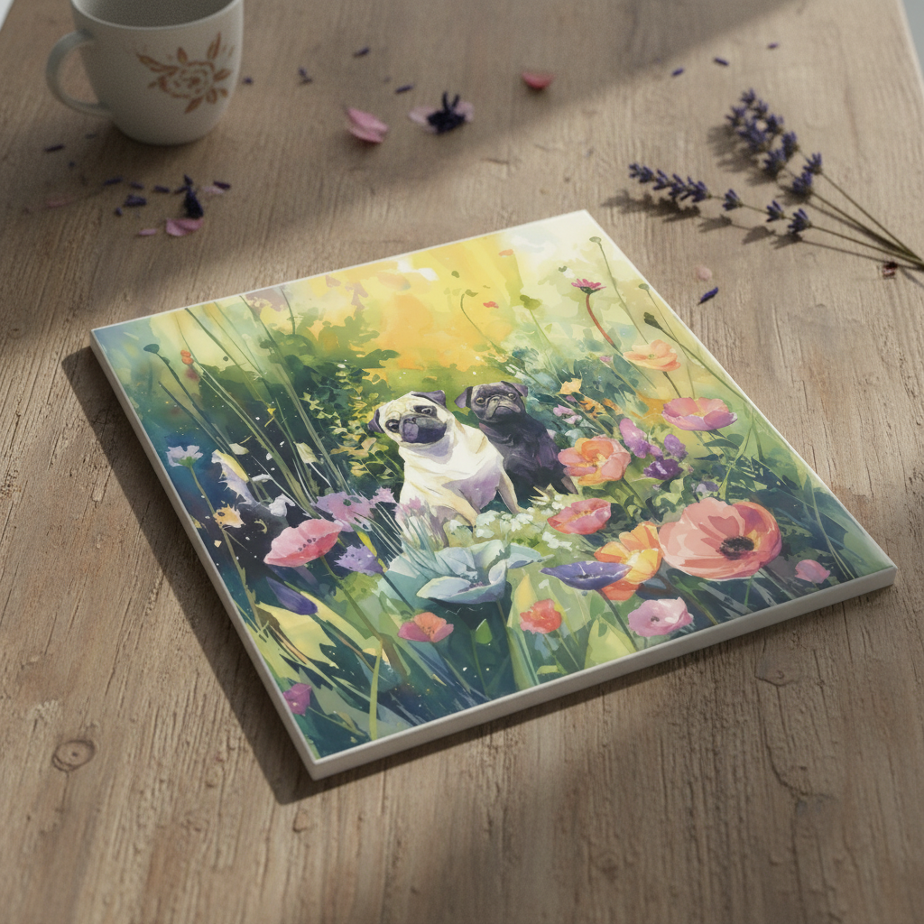 Pug Life - Wholesale Decorative Tabletop Object - Pugs in a Poppy Field Ceramic Tile1