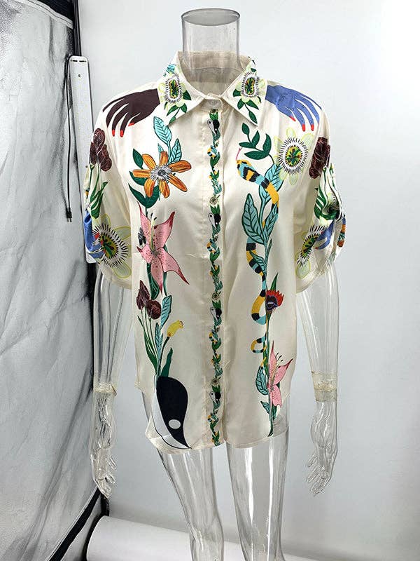 APRICOT Half Sleeves Loose Buttoned Flower Print Pockets Lapel T-Shirt Top + Drawstring Elasticity Pants Bottom Two Pieces Set for wholesale on Faire5