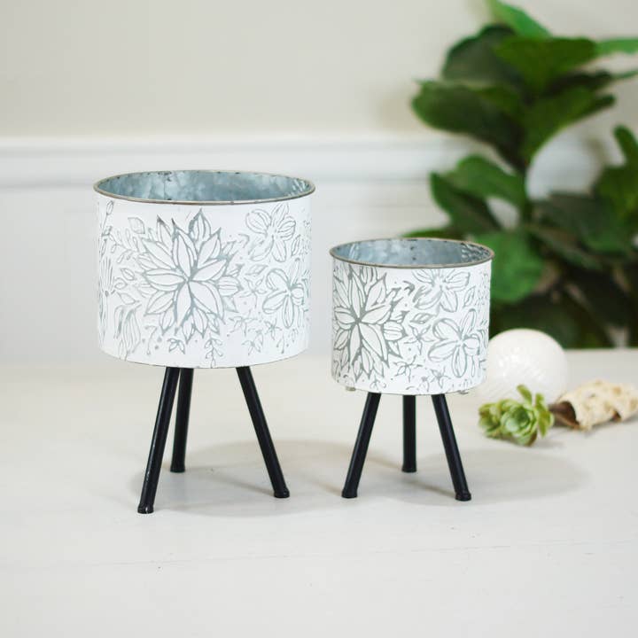VIP Home & Garden - Wholesale Plant Pot - Metal Embossed Floral Design Planters S/2 15In/12In