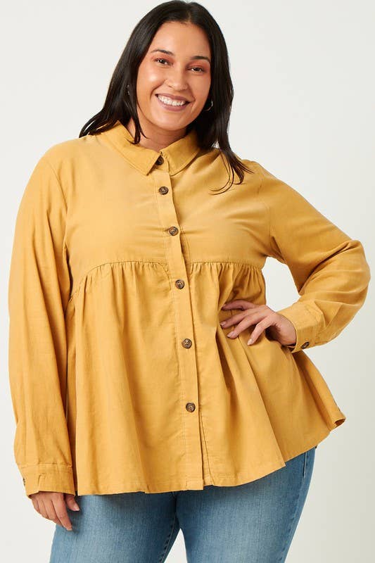 Lemon Tree - Wholesale Button Down Shirt - Women's - Plus Corduroy Button Up Peplum Shirt6