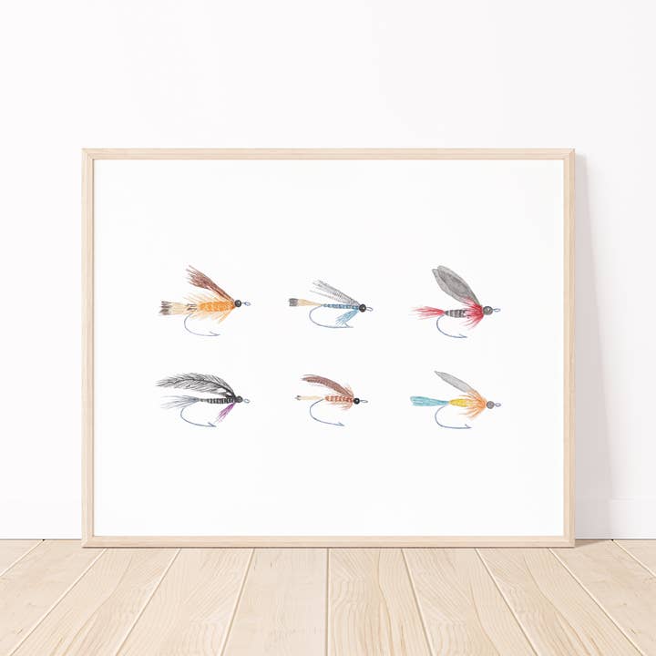 Impression artistique aquarelle sur leurres de pêche à la mouche pour la vente par White Clover Paper Co.