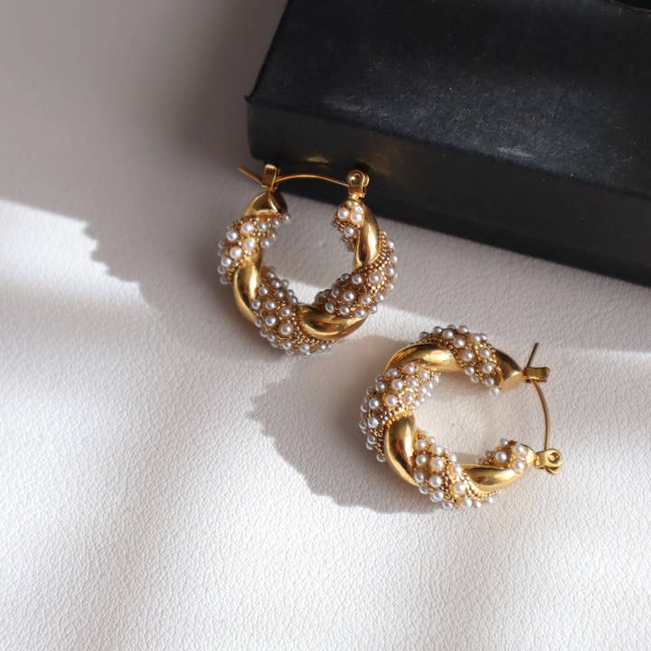 Nolita Hoops | Pearl Gold Twisted Hoops for wholesale by JESSA Jewelry