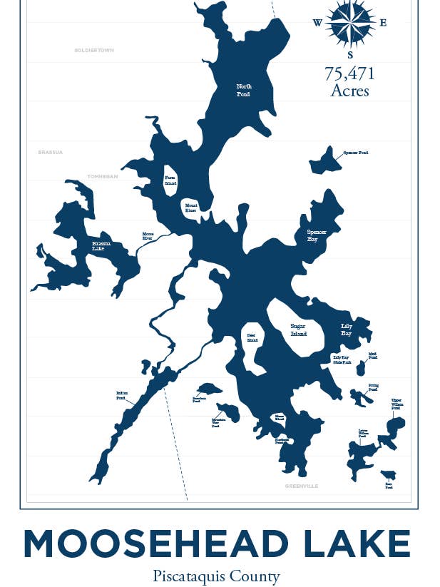 Mappa Nautica del Lago Moosehead per la vendita all'ingrosso da parte di LOST DOG art & frame