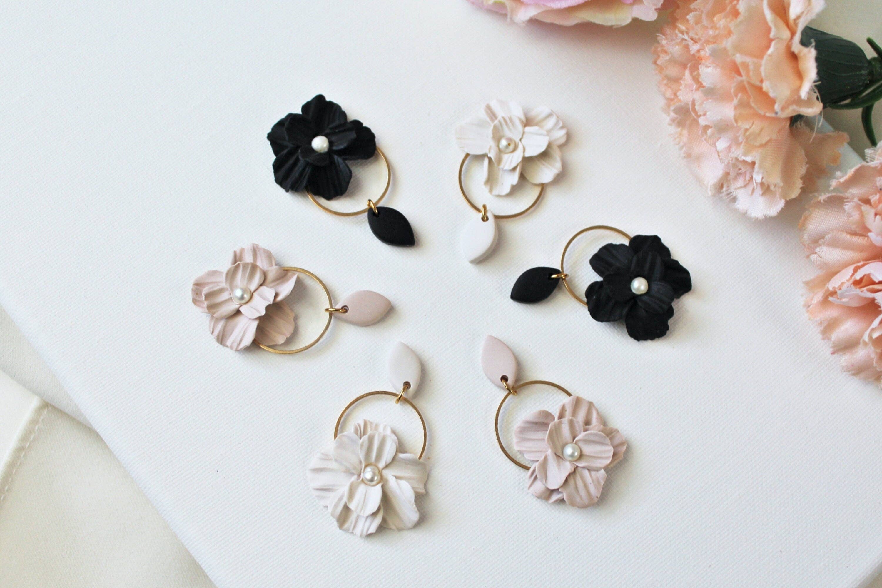 Studio Niani - Wholesale Dangle Earrings - Flower Earrings, Polymer Clay Earrings, Neutral, Beige1