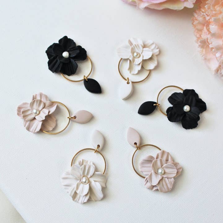 Studio Niani - Wholesale Dangle Earrings - Flower Earrings, Polymer Clay Earrings, Neutral, Beige1