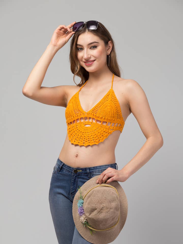 Top de Croché Amarelo com Laço (conjunto de 3) por atacado de AYKA