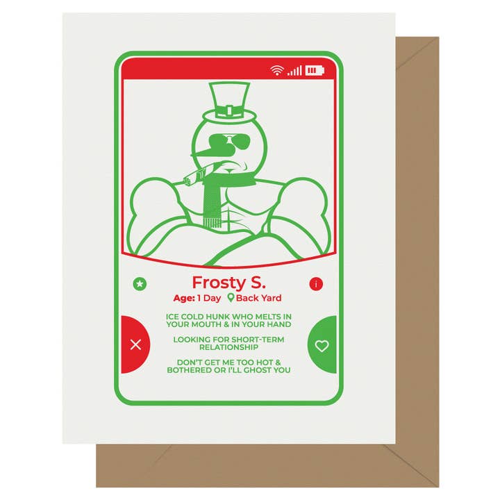 Holiday Frosty Snögubbe Dating App Julkort för wholesale av Letterpress Jess