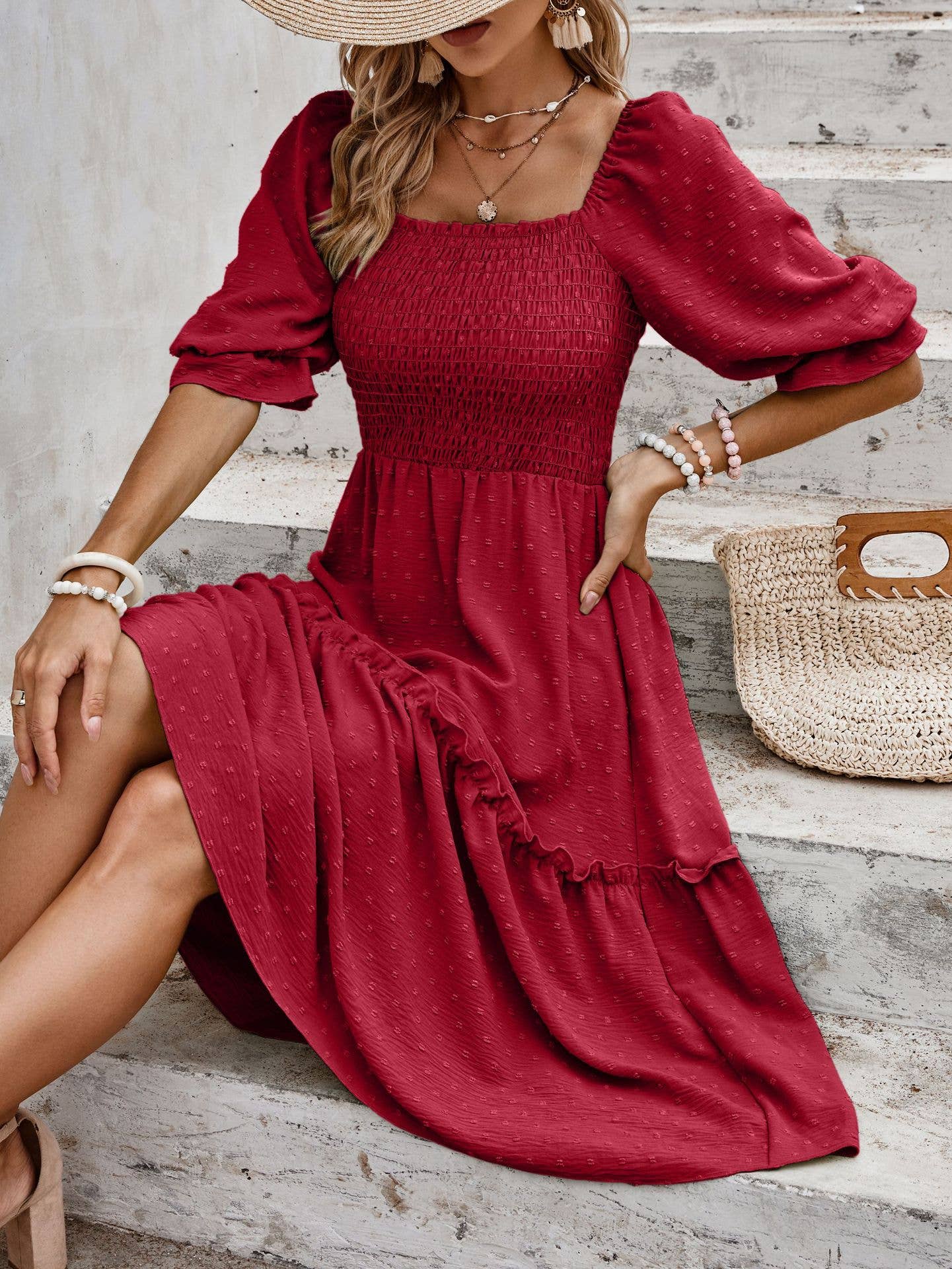 eLook – Großhandel Kleid – Damen – SZ1-DR6227 Swiss Dots Gemustertes Midikleid mit halben Ärmeln17