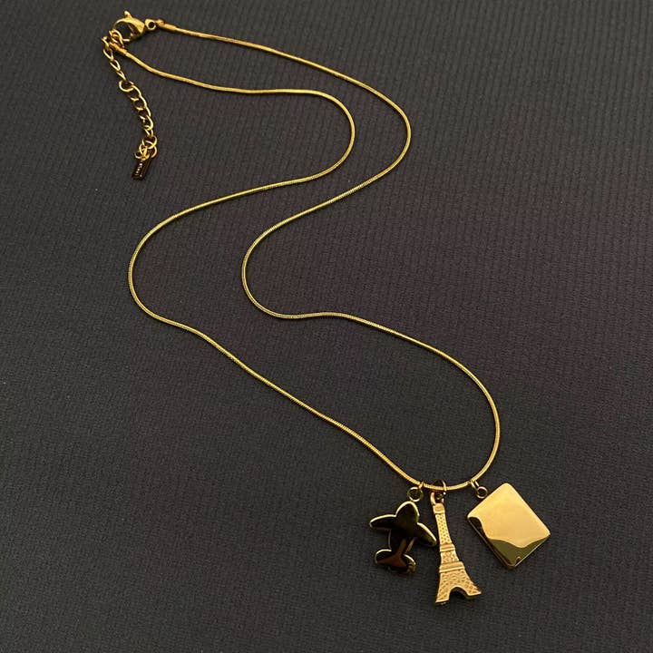 Mio Queena - Wholesale Pendant/Charm Necklace - Paris Tower & Plane charm 18K Gold Plated SS Necklace - FGS2