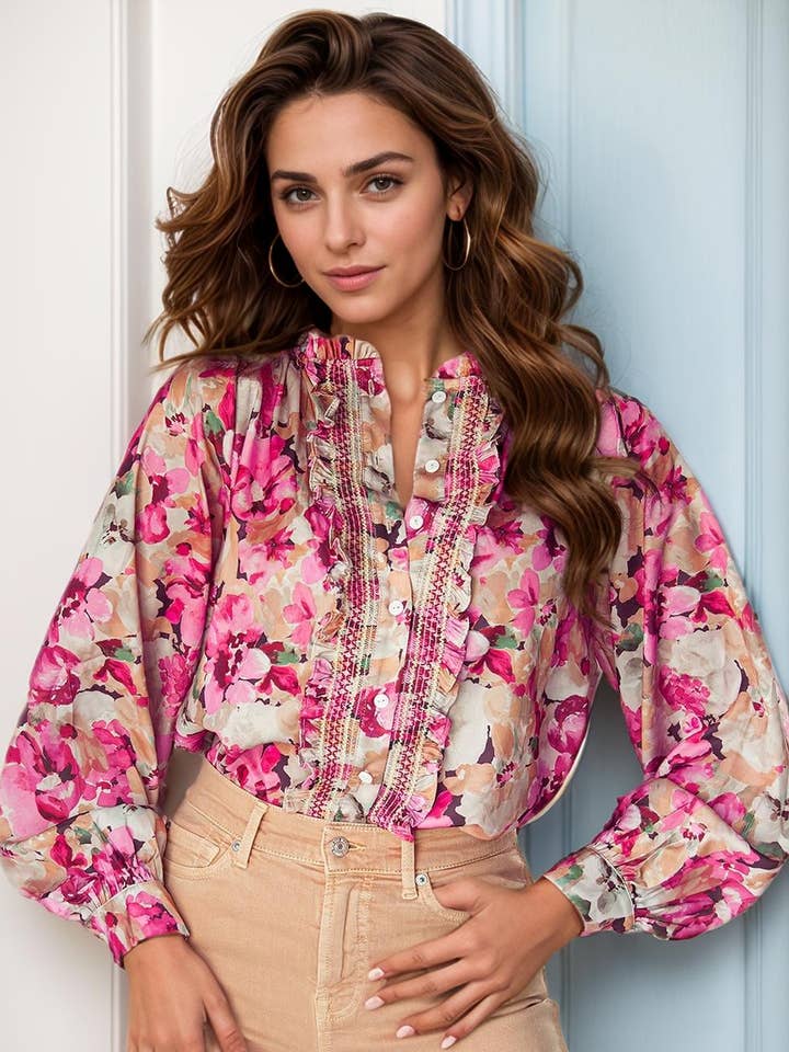Chemise ample boutonnée à imprimé floral et points volantés pour la vente par PartyEight