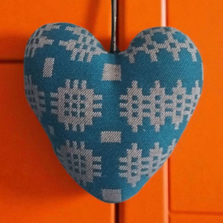 Teal Welsh tapestry Fabric heart Hanging decoration for wholesale by Moose & Co