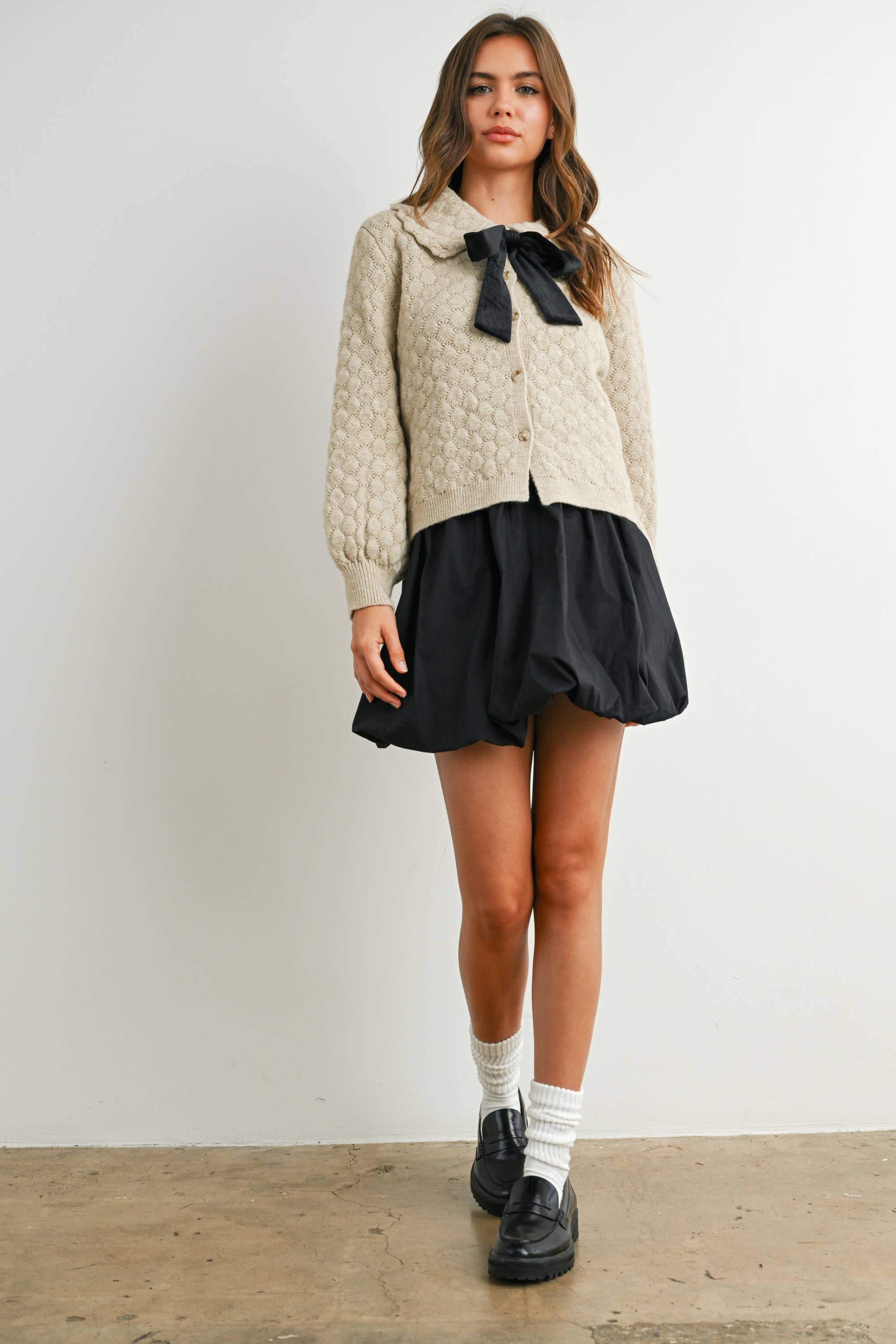 BUTTERMELON - Wholesale Cardigan - Women's - Button-Up Bow Front Collared Long Sleeve Top - BMC777633