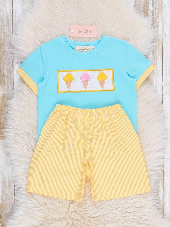 Marie Nicole Clothing - Wholesale Top & Short Set - Kids - Neon Ice Cream Cones Smocked Outfit1