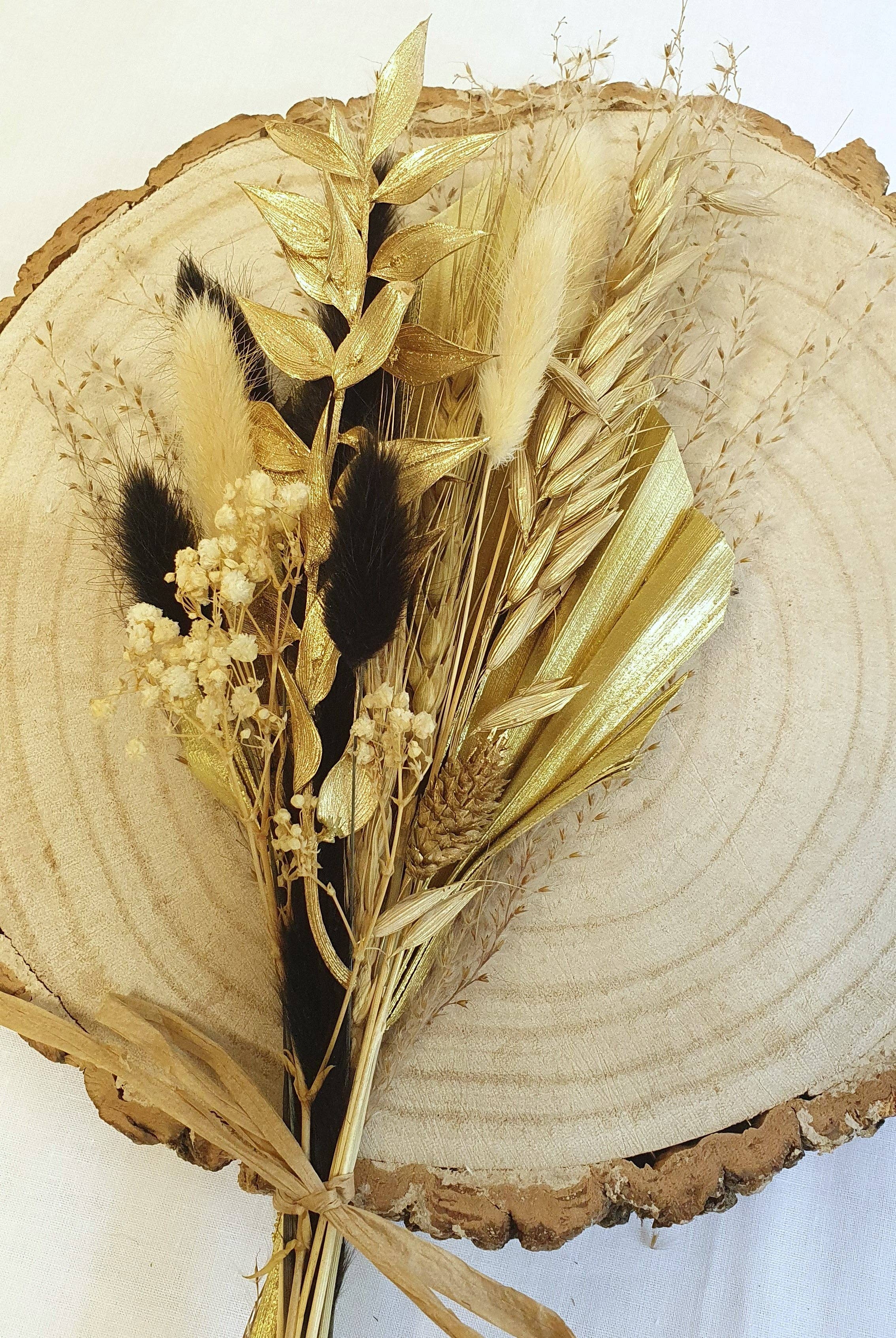 Opal Lily – wholesale Dried/pressed flowers – Black & Gold Palm Spear Bouquet10