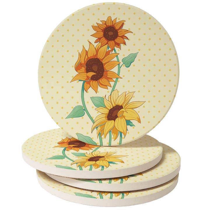 "Sunflower Trio" 4-Pack Absorbent Stone Coaster Set   for wholesale by Conimar Promotions