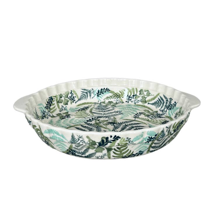 Baker, Round, Pie Plate, Handles, 9.75" in "Scattered Ferns" by Manufaktura | Z148S-GZ39 for wholesale by Polish Pottery Outlet