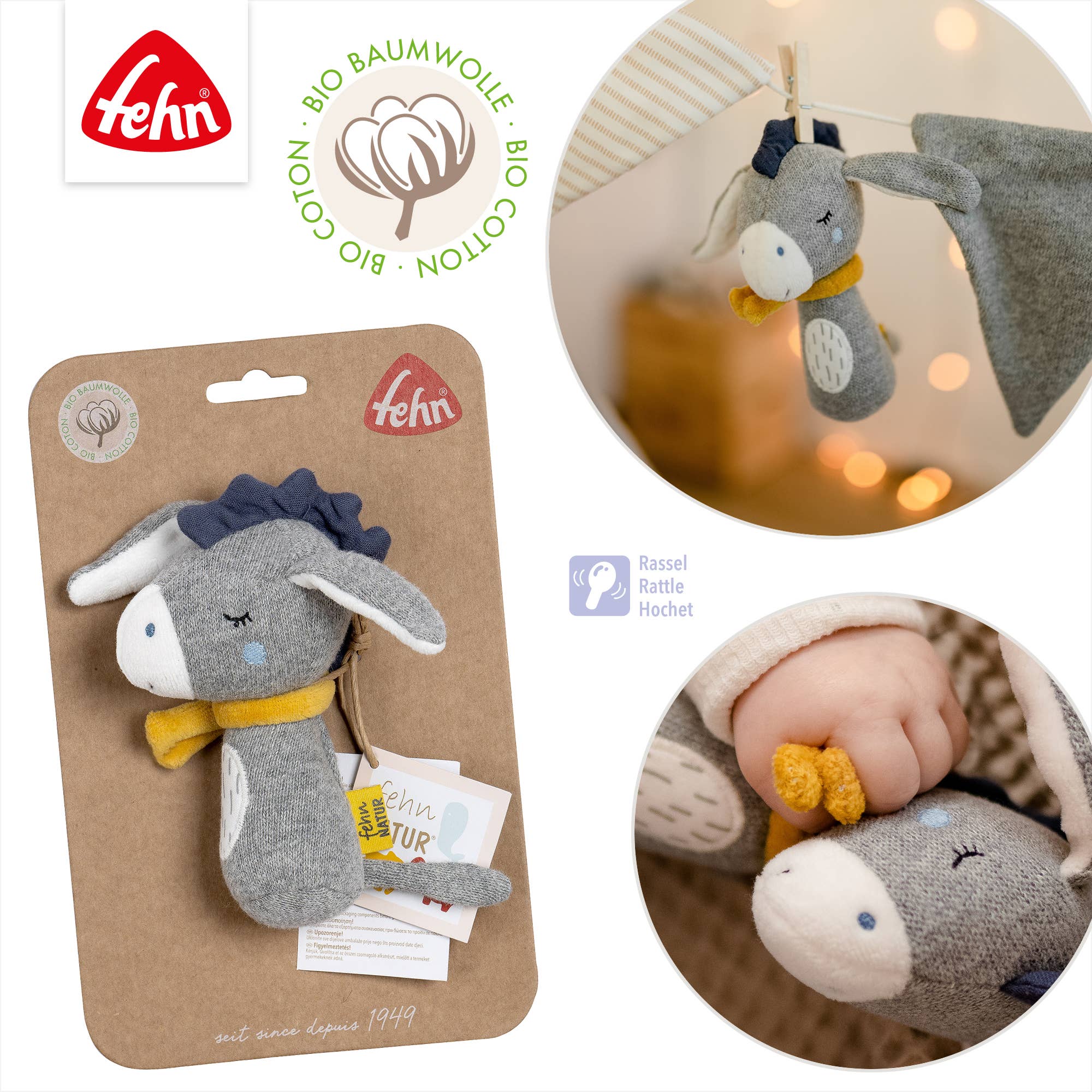 Fehn – wholesale Fyllda/plyschleksaker - Barn och baby – Fehnnatur åsneskaller - greppleksaker och motoriska färdigheter3