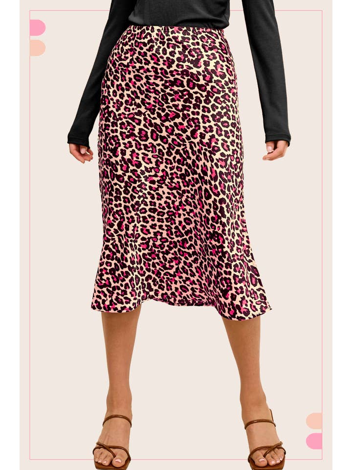 La Miel - Vendita all'ingrosso Gonna - Donna - JBP4222-Gonna leopardata midi a vita alta effetto satinato7
