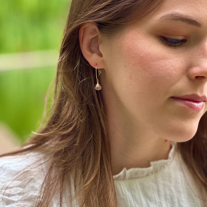 Forai - Wholesale Dangle Earrings - Rose Quartz Charm Mini Hoop Earrings in 14k Gold Filled3