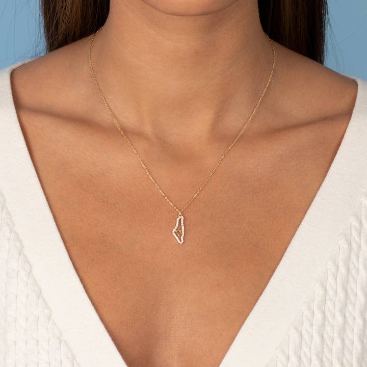 Gold Pave Israeli Map Cut Out Pendant Necklace for wholesale on Faire