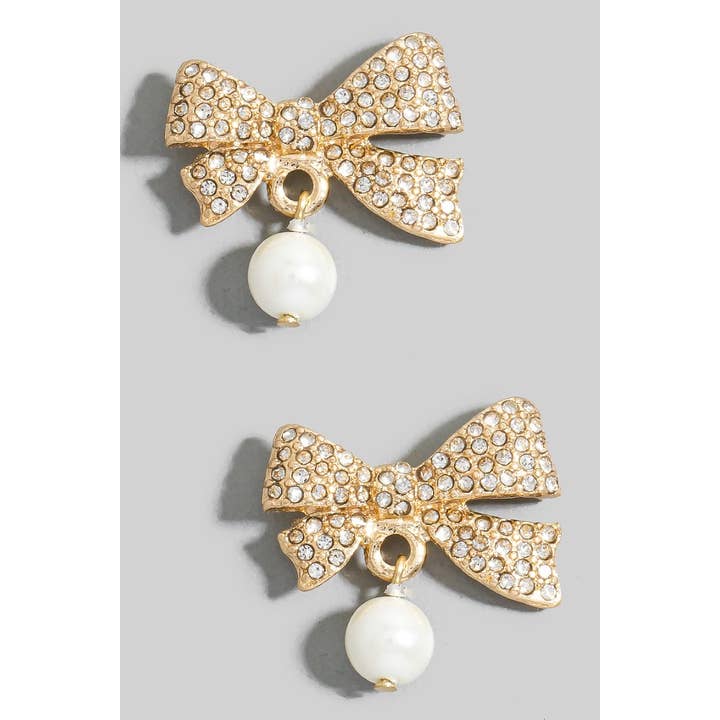 CRMCLRGD Rhinestone Pave Ribbon Bow Pearl Charm Stud Earrings for wholesale on Faire