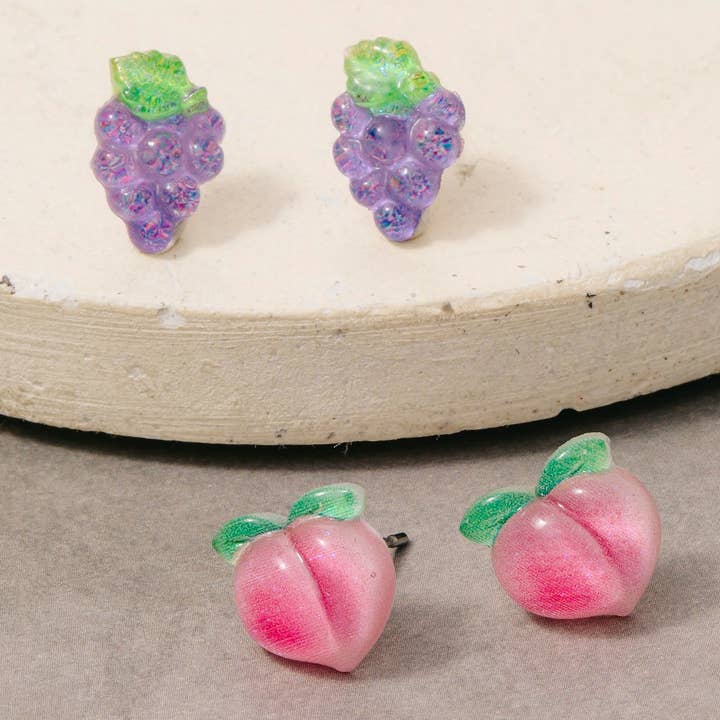 Glitter Acrylic Peach And Grapes Stud Earrings Set for wholesale by Fame Accessories