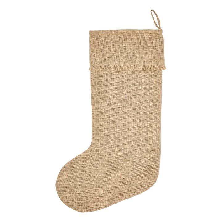 VHC Brands - Wholesale Holiday Stocking - Greetings Jute Burlap Tan Stocking 12x20