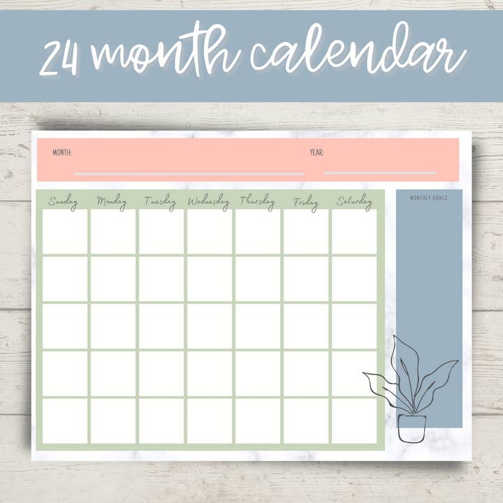 Calendario mensual, bloc de notas y establecimiento de objetivos (25 páginas, válido para 2 años) para venta al por mayor de CreativebyKelsey