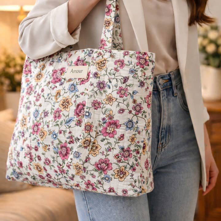 Floral cotton tote bag with LOVE message for wholesale by Reference Mode