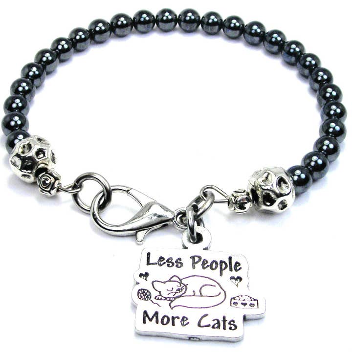 Less People More Cats Hematite Glass Bracelet for wholesale by Chubby Chico Charms