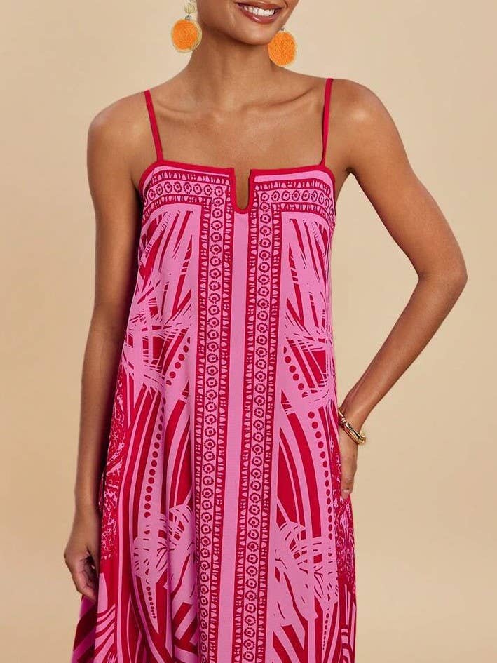 Tropical palm print swing maxi strappy dress in fuchsia for wholesale on Faire3