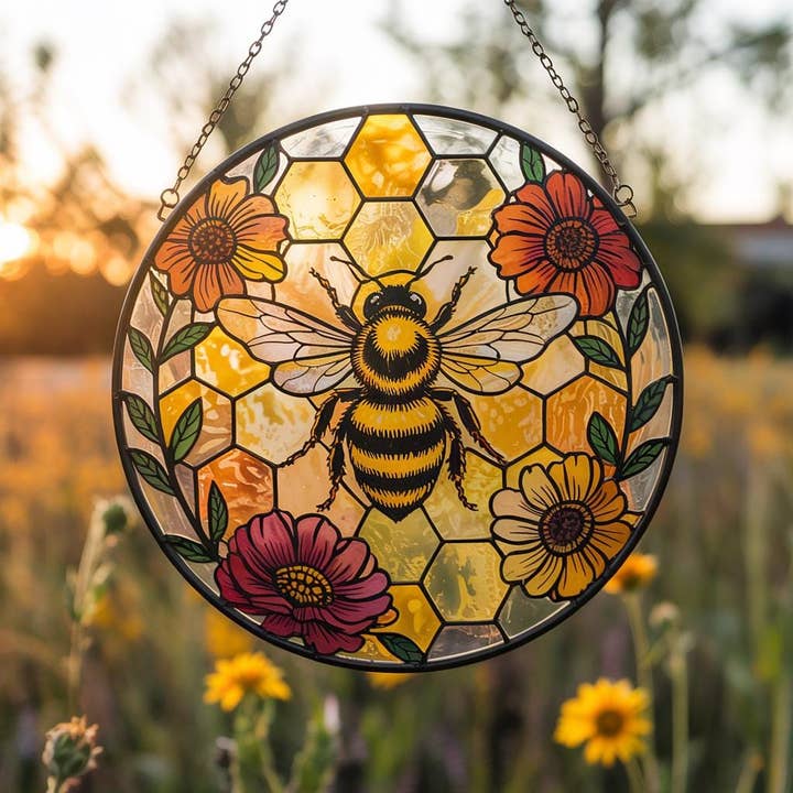 NVC Ecommerce LLC - Wholesale Suncatcher - Honey Bee Stained Glass Suncatcher, Floral Window Hanging