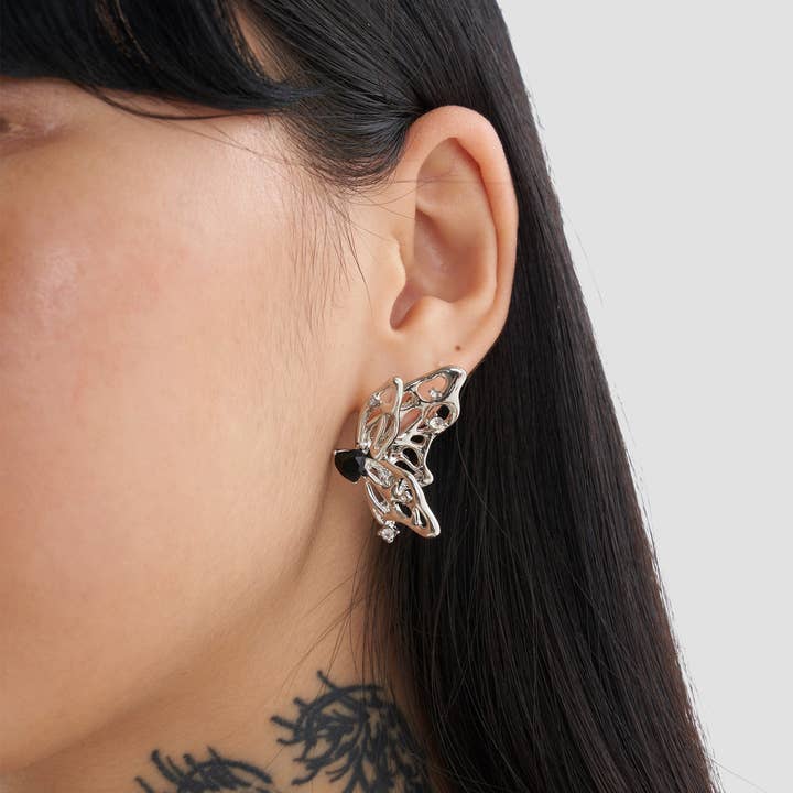 Elusive Asymmetric Butterfly Drop Earrings with Stone in Silver for wholesale by Heretic Nine