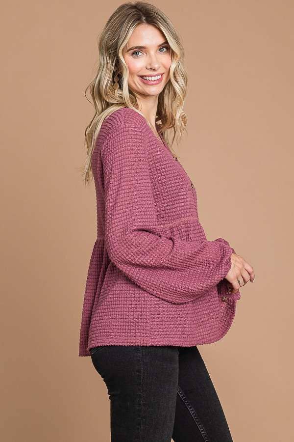 Culture Code - Wholesale Knit Top - Women's - CHT1821L - BUTTON DOWN RUCHING DETAIL LSLV TOP10