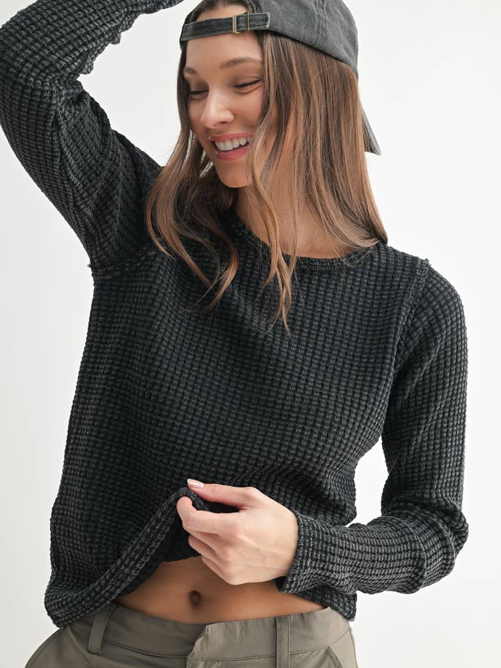 Mono B - Wholesale Knit Top - Women's - Chunky Waffle Mineral Wash Long Sleeve