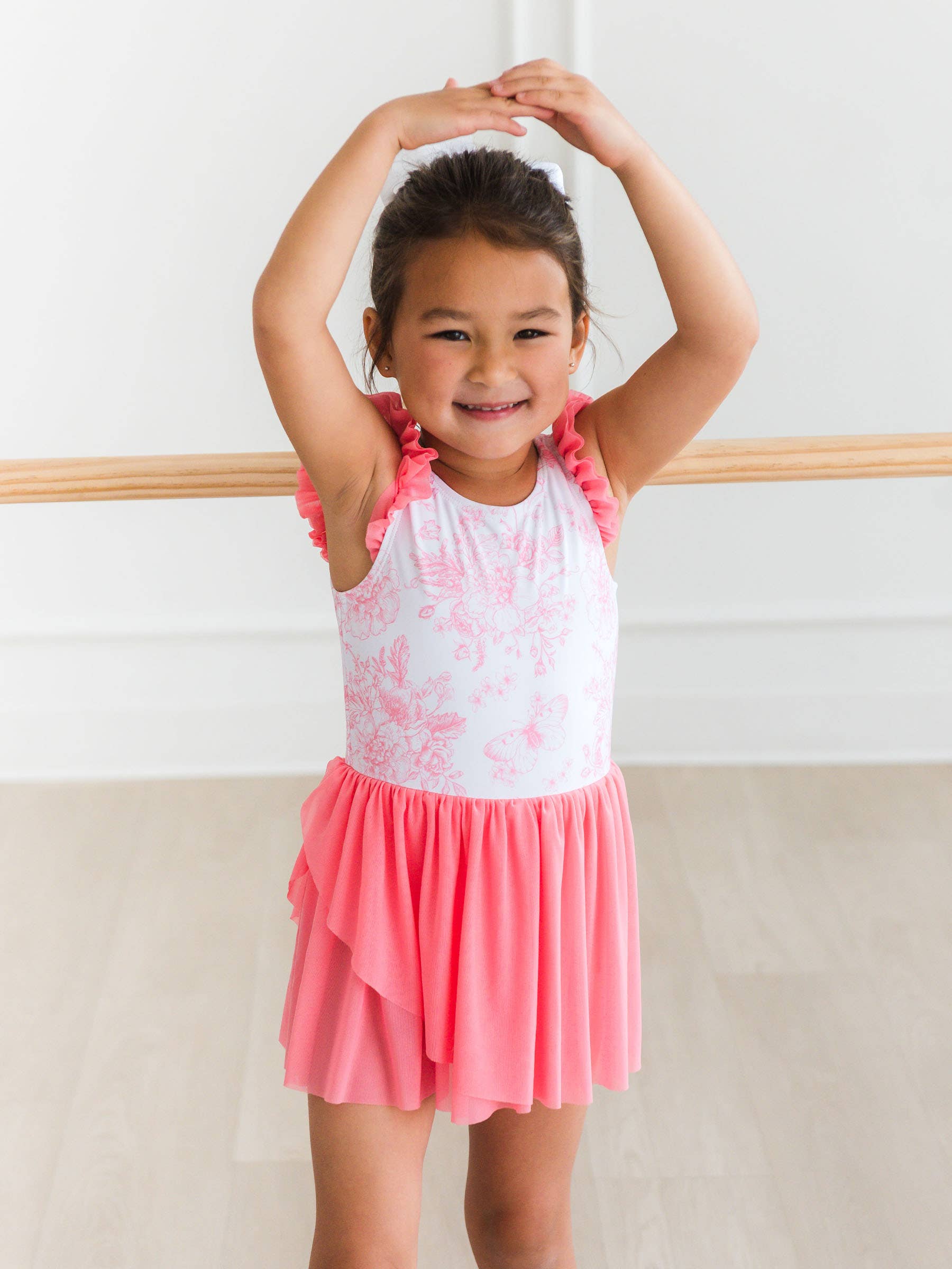 Girls Bubblegum Pink Butterfly Garden Toile Flutter Sleeve Dance & Gymnastics Leotard for wholesale on Faire4