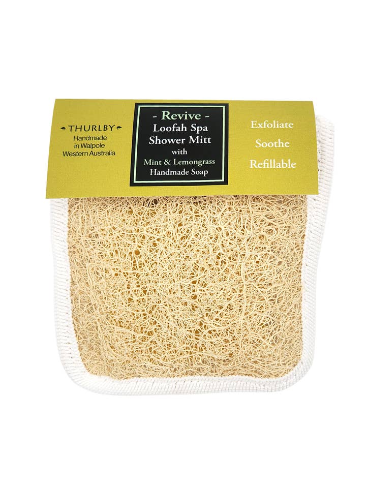 Relax & Revive Loofah Spa Shower Mitts with Handmade Soaps for wholesale by Thurlby Handmade Aromatic Homewares