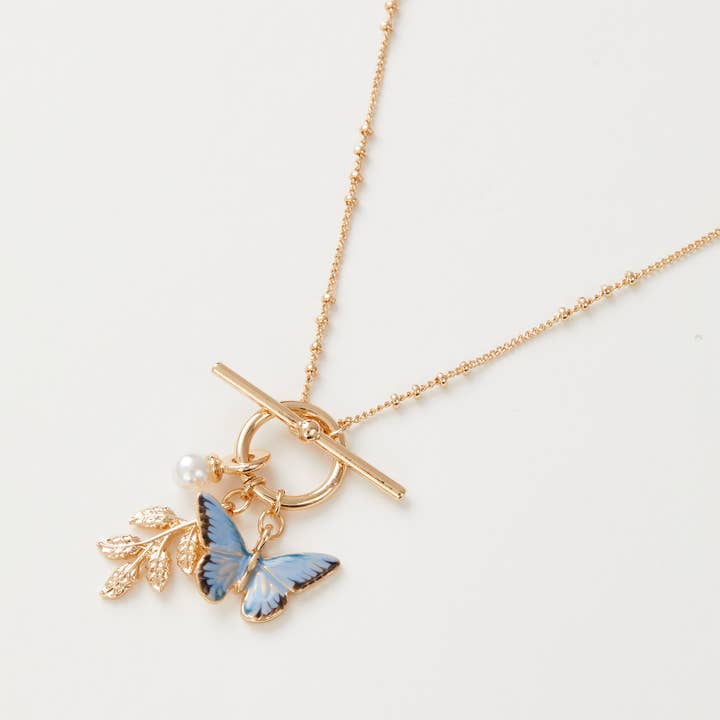 Fable England - Wholesale Pendant/Charm Necklace - Enamel Blue Butterfly & Leaf Charm Necklace - UK, US & EU0