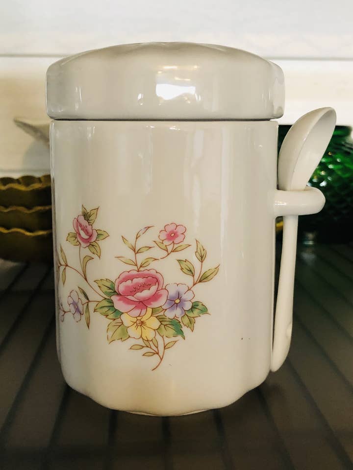 Pink Rose Sugar Container with Spoon for wholesale by Bushel + Peck Handcrafted