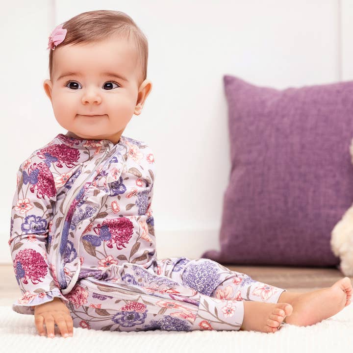 Floral Ruffle Baby Zipper Romper – Soft Bamboo Vintage Bloom for wholesale by Tesa Babe