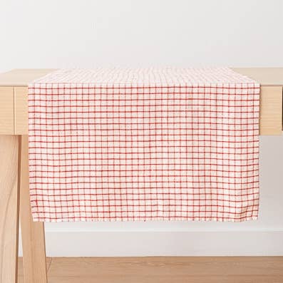 Linen Runner Graphic Check Off White Red for wholesale by LinenMe