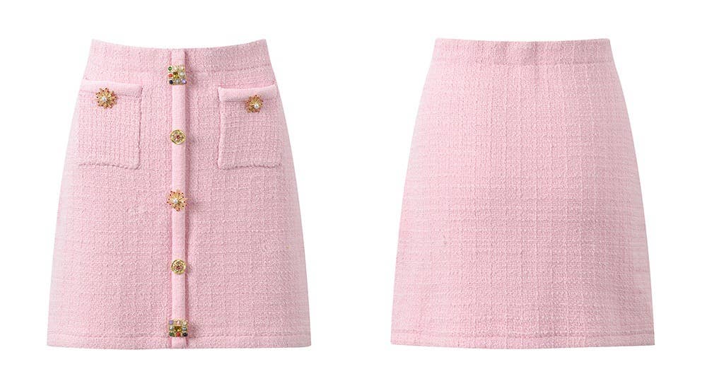 Productseeker – Großhandel Set aus Oberteil und Rock – Damen – SET45Y Tweed-Strick-Set mit kurzem Oberteil und Rock in Diamantknopf-Design10