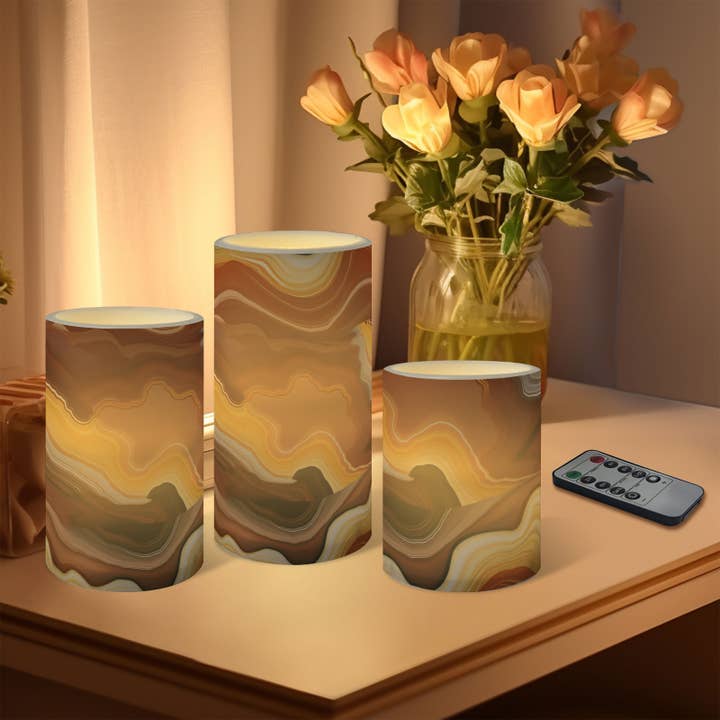 3pcs Glass Amber Flameless LED Pillar Candle Set for wholesale by Candles Meta