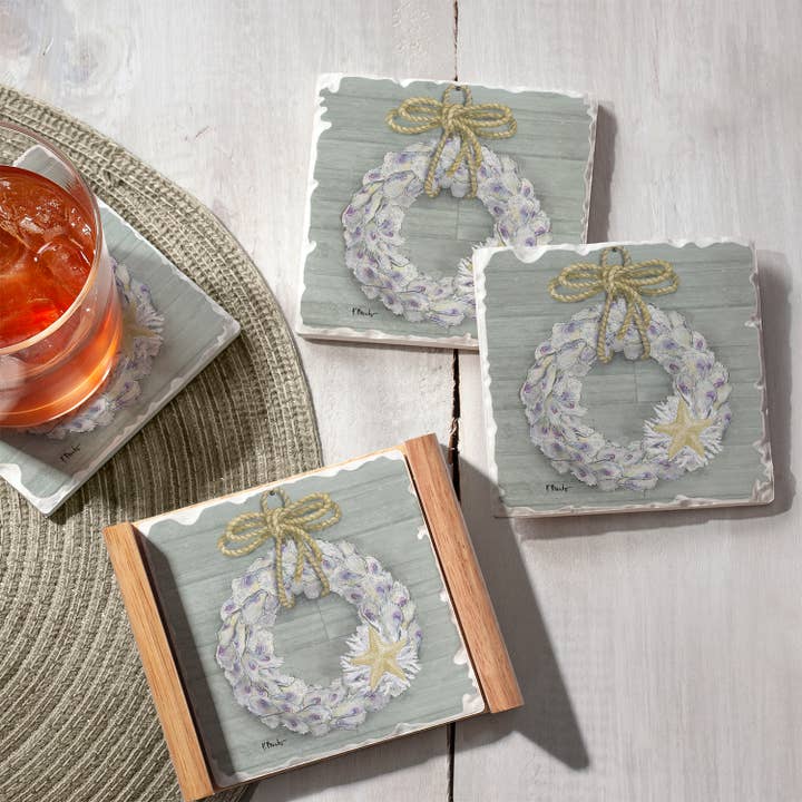 Conimar Promotions - Wholesale Coasters - Oyster Wreath 4 Pack Stone Coasters in Wooden Holder 1