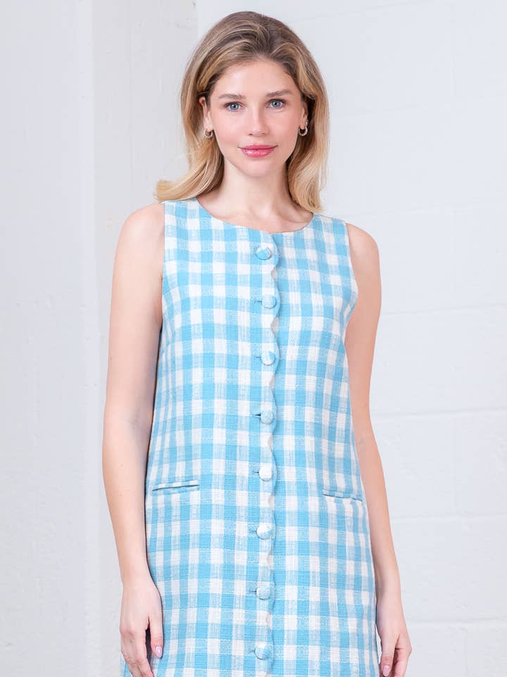 HD30291T-SLVLESS SIDE WELT POCKET A-LINE GINGHAM MINI DRESS for wholesale by Taelynn