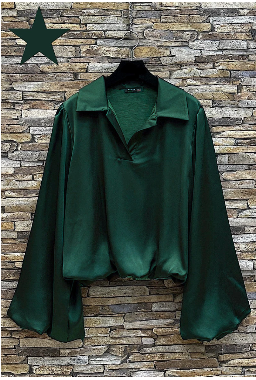 LOOWIE - Wholesale Blouse - Women's - ELBLESB Italian Emerald Satin Blouse w/ Flowy Sleeves LOOWIE0