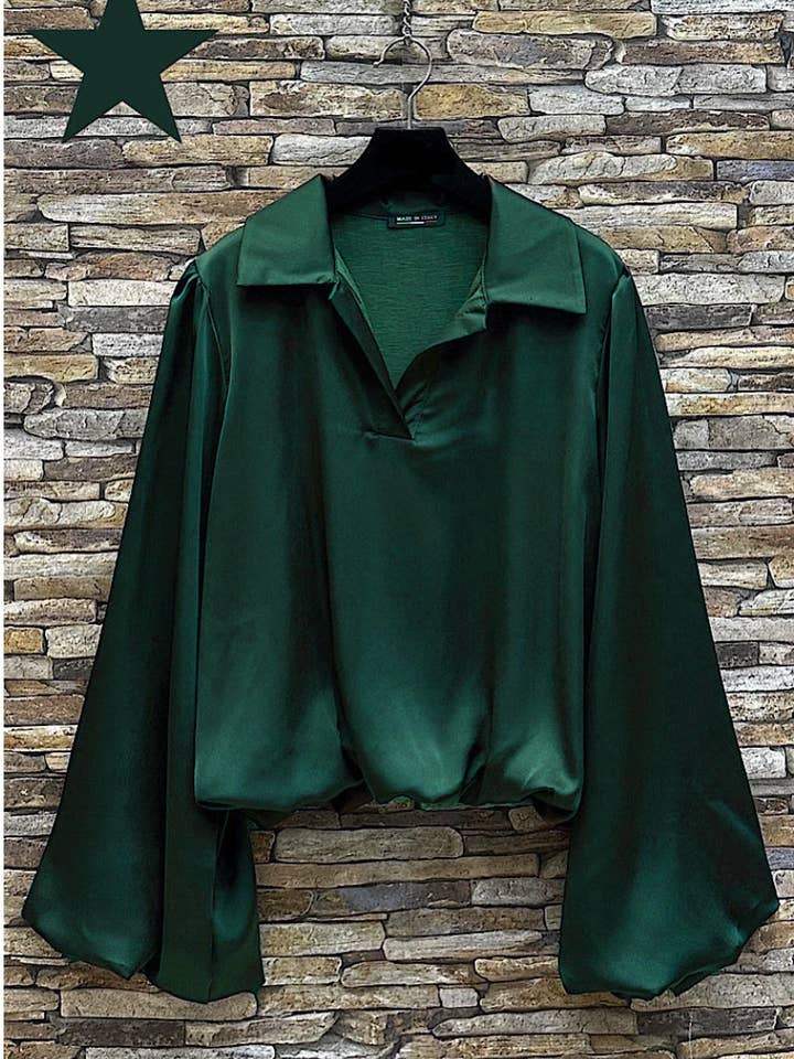 LOOWIE - Wholesale Blouse - Women's - ELBLESB Italian Emerald Satin Blouse w/ Flowy Sleeves LOOWIE0